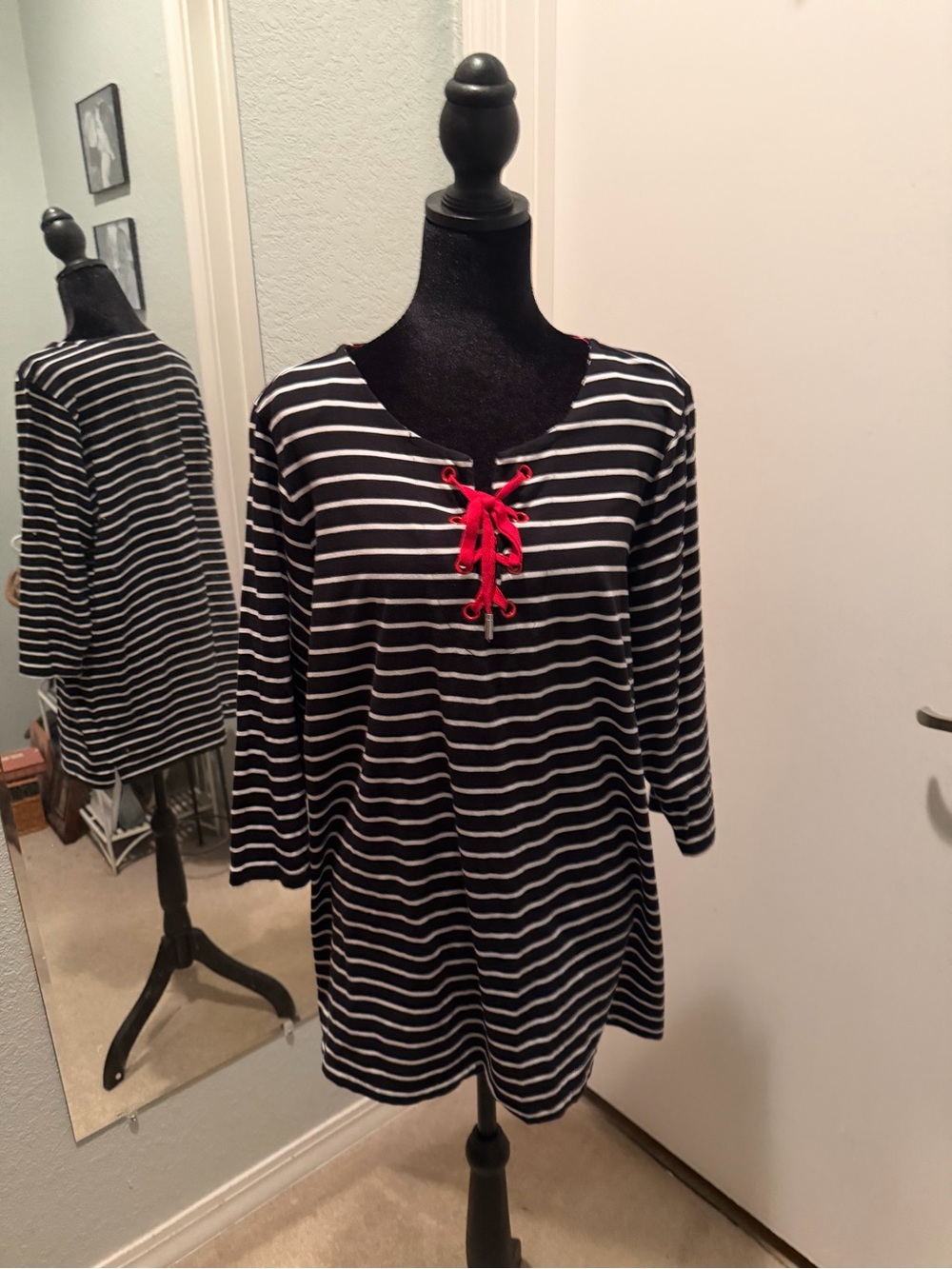 Susan Graver Black & White Striped Lace-Up Tunic with Red Accent